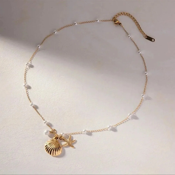 Starfish Seashel Pearl 18KGold Plated Stainless Steel Waterproof Necklace - Picture 7 of 17